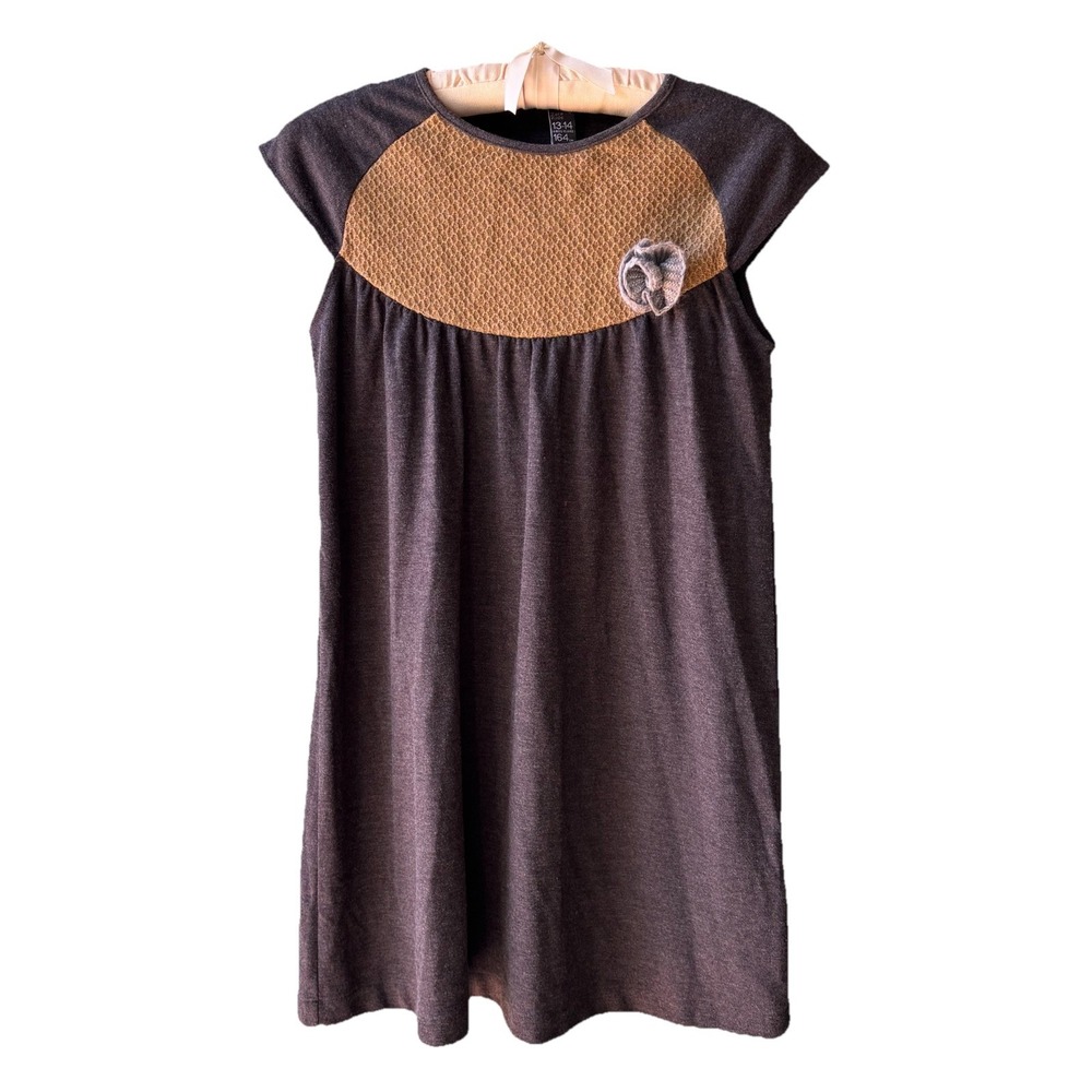 Zara Dress Short Sleeve Gray Girl's Size 13-14 Knit Flower Pullover School